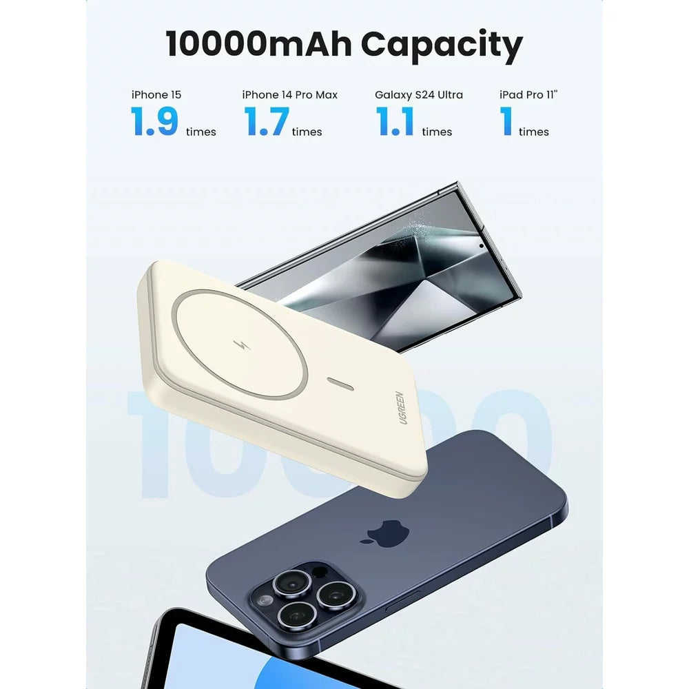 UGREEN PB561 Wireless External Battery, 10000mAh, 20W, PD + FQI, 1 x QI - 1 x USB-C, Beige