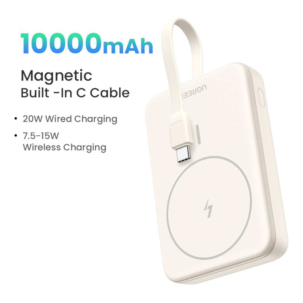 Външна батерия Wireless UGREEN PB760, 10000mAh, 20W, PD + FQI, 1 x QI - 1 x USB-C, Бежов