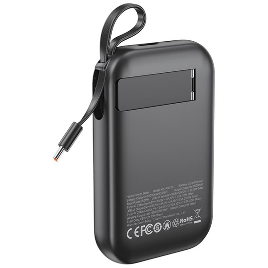 Външна батерия Wireless XO Design PR270, 10000mAh, 22.5W, QC + PD + QI, 1 x QI - 1 x USB-A - 1 x USB-C, Черна