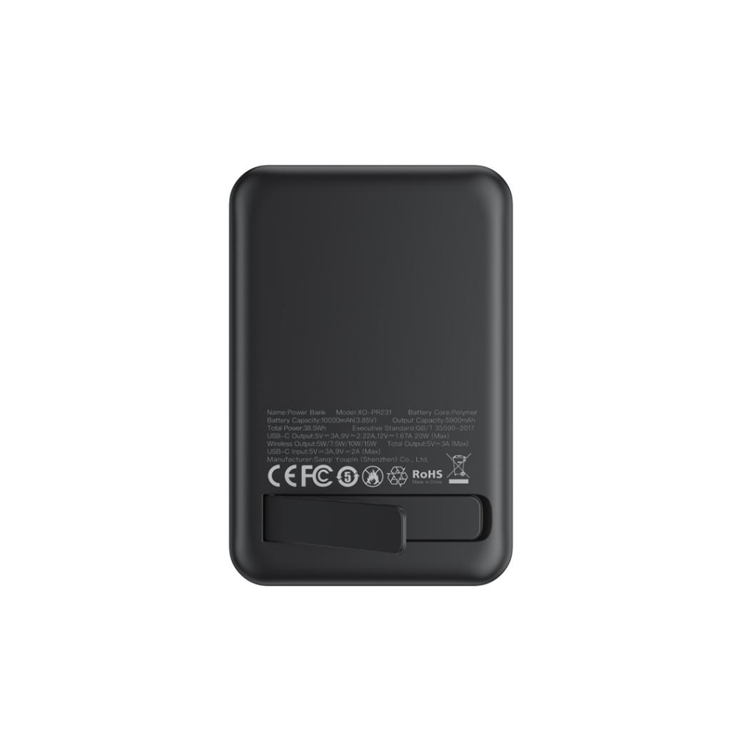 XO Design PR231 Wireless External Battery, 10000mAh, 20W, PD + FQI, 1 x QI - 1 x USB-C, Black