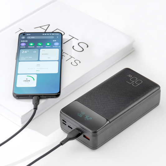 Външна батерия XO Design PR201, 30000mAh, 65W, QC + PD, 1 x USB-C - 2 x USB-A, Черна