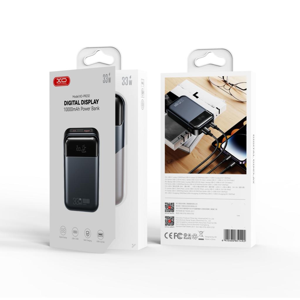 Външна батерия XO Design PR232, 10000mAh, 33W, QC + PD, 1 x USB-A - 1 x USB-C, Черна