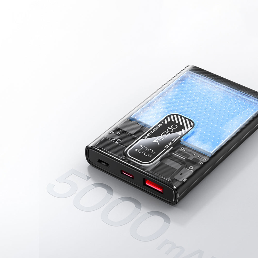 Външна батерия Yesido YP92, 5000mAh, 22.5W, QC + PD, 1 x USB-A - 1 x USB-C, Черна
