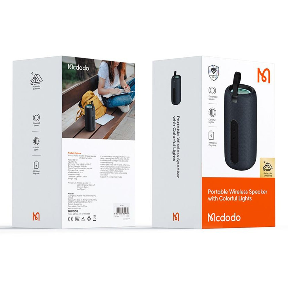 Портативна Bluetooth колонка McDodo BS-1410, 2 x 5W, RGB, Водоустойчива, Черна