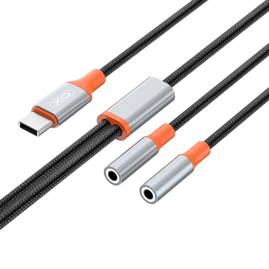 USB-C аудио кабел с разклонител - 2 x 3,5 мм XO Design NB-R269B 2в1, 1,2 м, черен