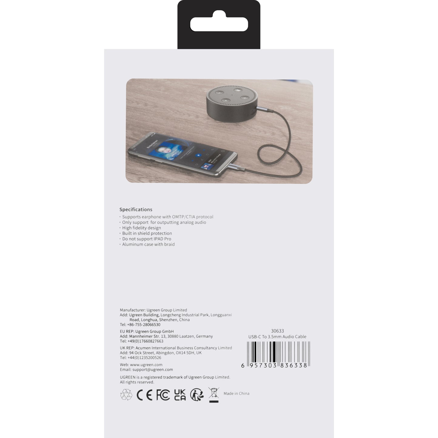 Аудио кабел USB-C - 3.5mm UGREEN AV143, 1m, Сив