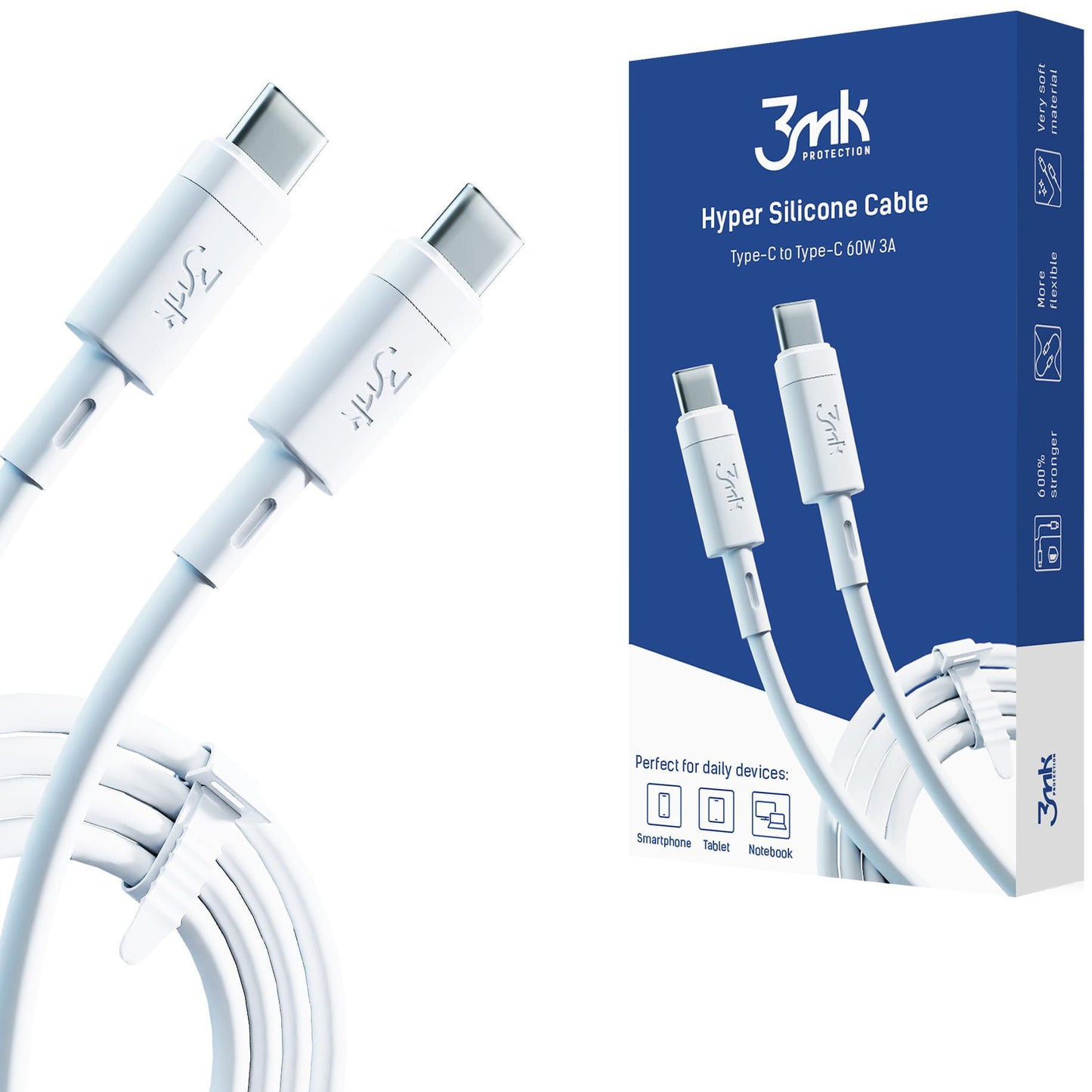 Кабел за данни и зареждане USB-C - USB-C 3MK Hyper Silicone, 60W, 1м, бял