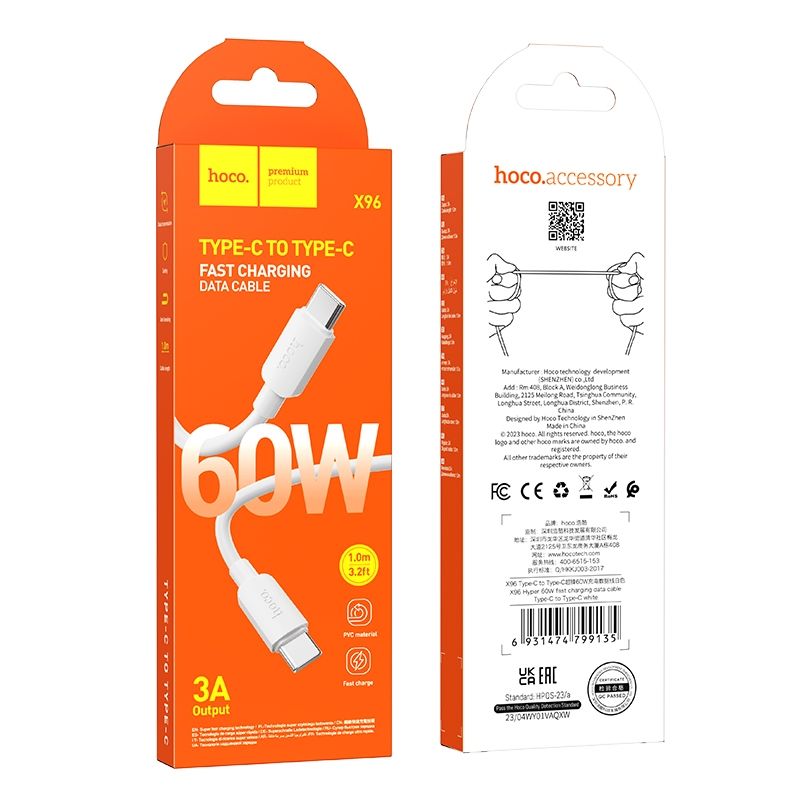 USB-C кабел за данни и зареждане - USB-C HOCO HOCO X96, 60W, 1m, бял