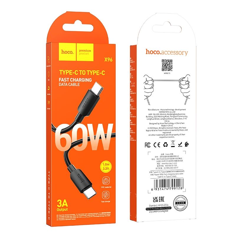 USB-C кабел за данни и зареждане - USB-C HOCO HOCO X96, 60W, 1m, черен