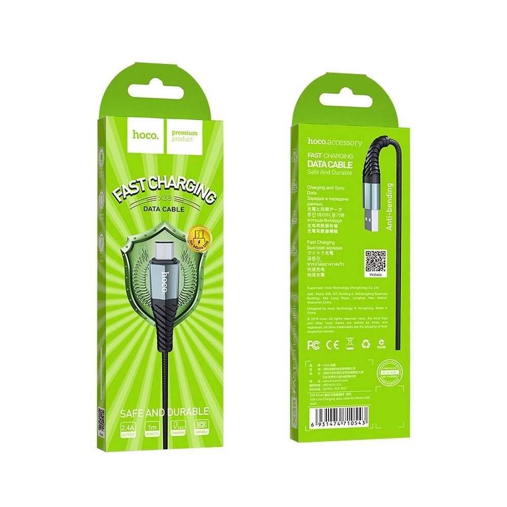 HOCO X38 Cool USB-A - microUSB кабел за пренос на данни и зареждане, 18W, 1 м, черен