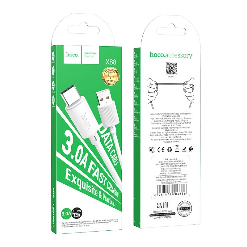 Кабел за данни и зареждане USB-A - USB-C HOCO X88, 18W, 1 м, бял