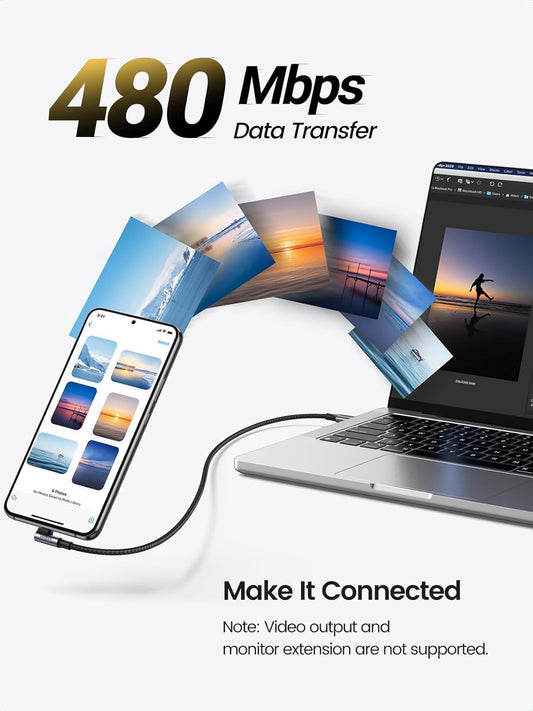USB-C кабел за данни и зареждане - USB-C UGREEN US334 ъглов, 100W, 2 м, черен
