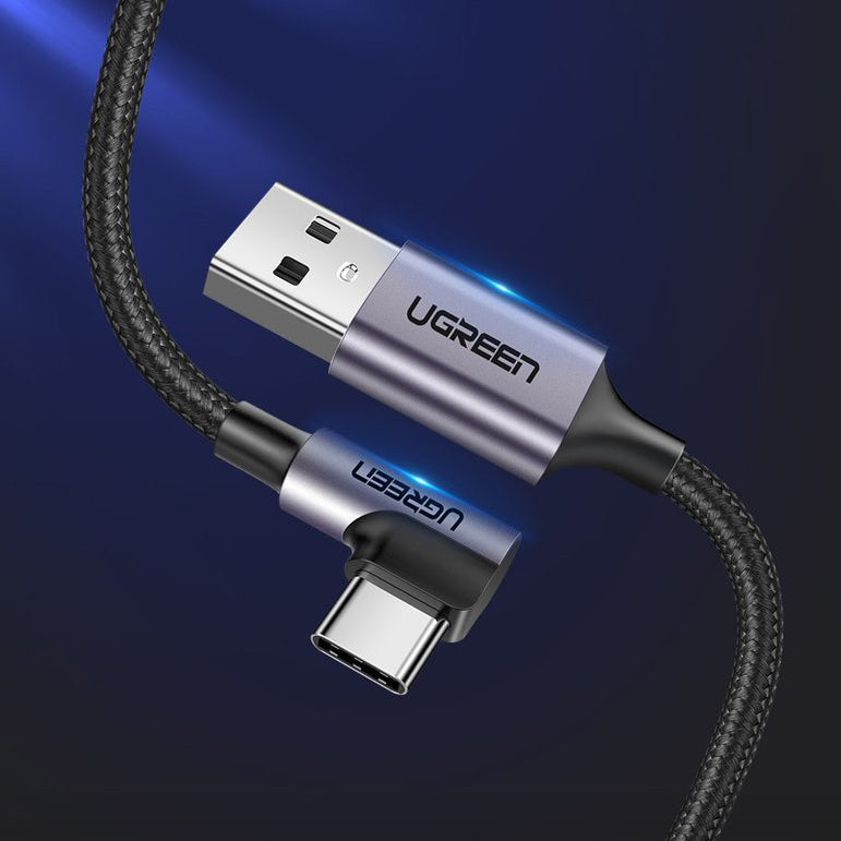 Кабел за данни и зареждане USB-A - USB-C UGREEN US284 Angled, 18W, 1m, Сив