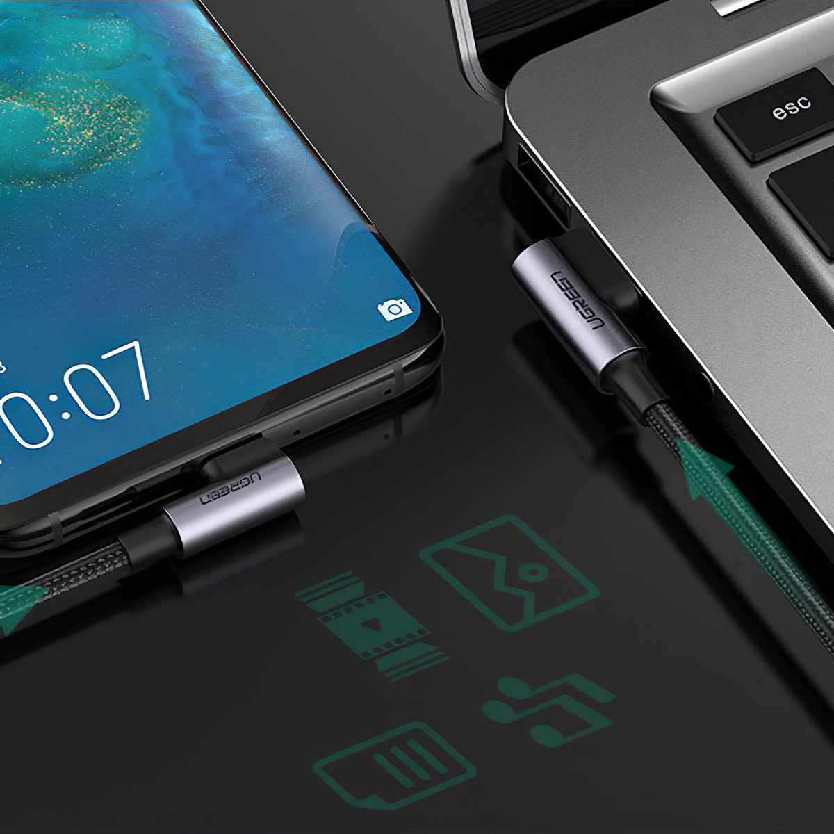Кабел за данни и зареждане USB-A - USB-C UGREEN US176 Angled, 18W, 2m, Черен