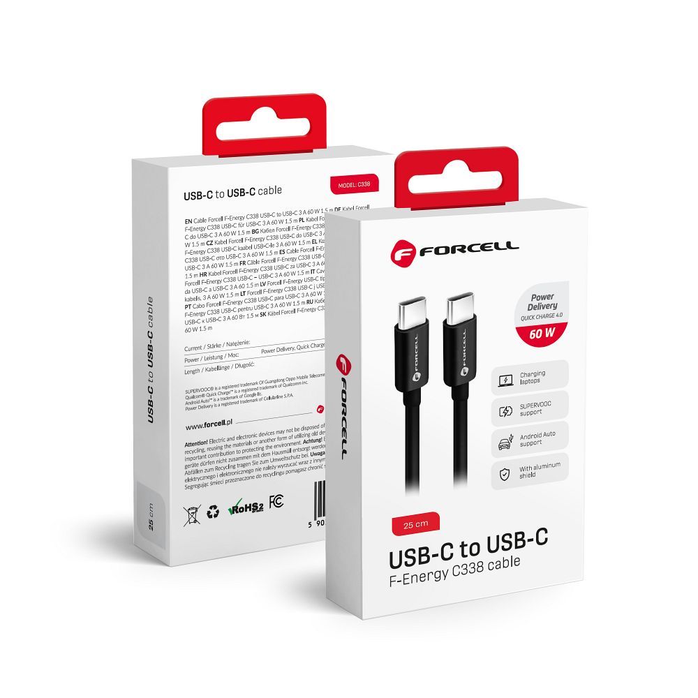 Кабел за данни и зареждане USB-C - USB-C Forcell F-Energy C338, 60W, 0.25m, Черен