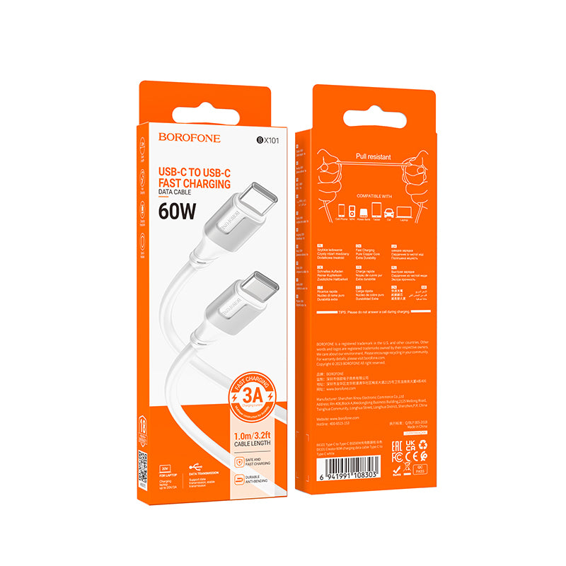 Кабел за данни и зареждане USB-C - USB-C Borofone BX101 Creator, 60W, 1m, Бял
