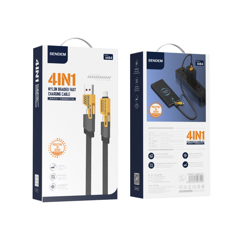 Кабел за данни и зареждане USB-A / USB-C - Lightning / microUSB Sendem M84 2in1, 65W, 1m, жълт