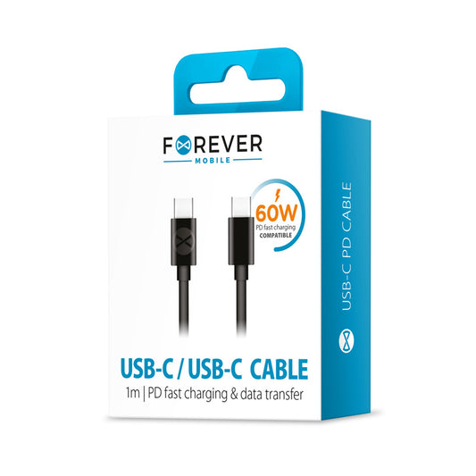 Кабел за данни и зареждане USB-C - USB-C Forever, 60W, 1m, Черен
