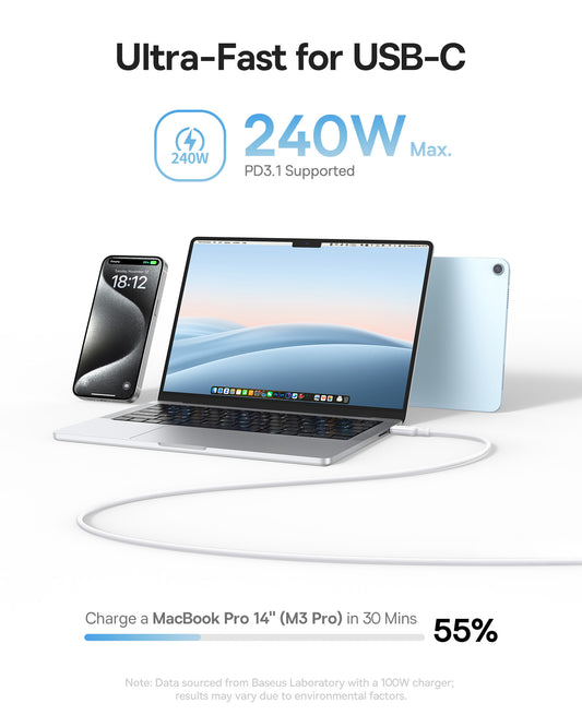 Кабел за данни и зареждане USB-C - USB-C Baseus PicoGo, 240W, 1m, Бял P10376800211-00