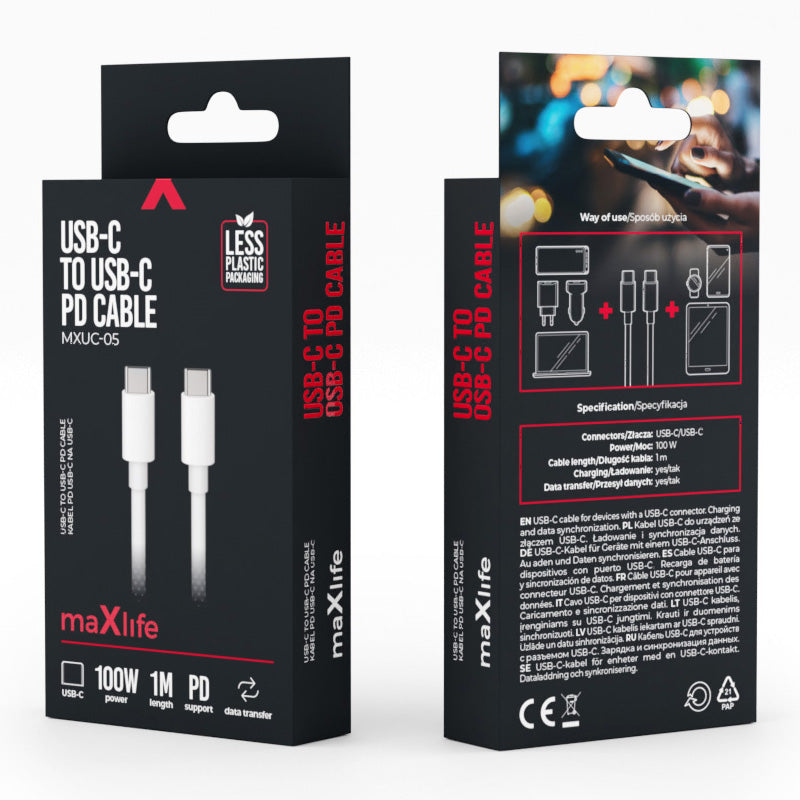 Кабел за данни и зареждане USB-C - USB-C MaXlife MXUC-05, 100W, 1m, Бял