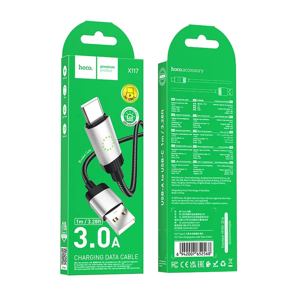Кабел за данни и зареждане USB-A - USB-C HOCO X117, 60W, 1m, Черен