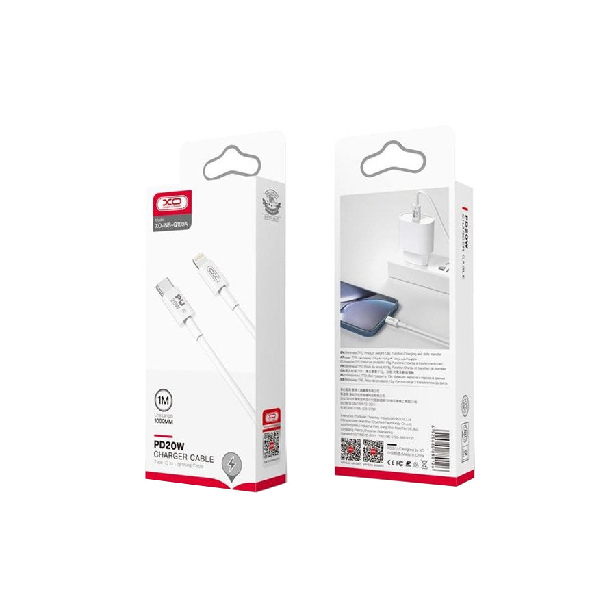 Кабел за данни и зареждане USB-C - Lightning XO Design NB-Q189A, 20W, 1m, Бял