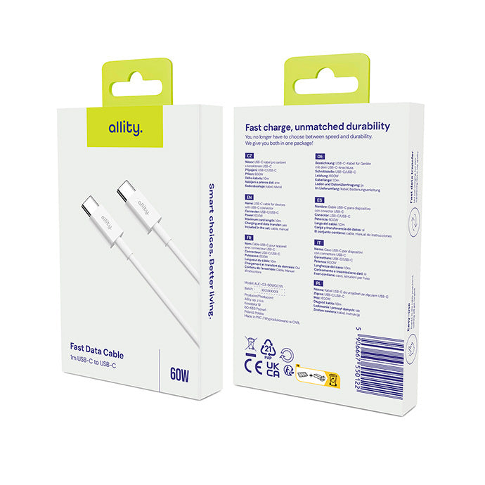 Кабел за данни и зареждане USB-C - USB-C Allity. AUC-03, 100W, 2m, Бял