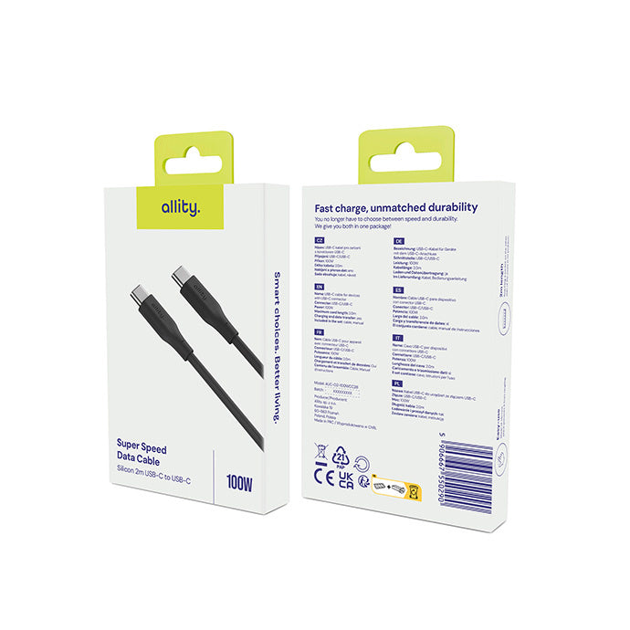 Кабел за данни и зареждане USB-C - USB-C Allity. AUC-02, 100W, 2m, Черен