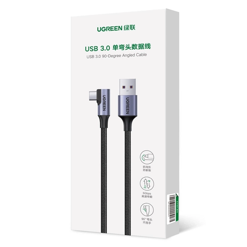 Кабел за данни и зареждане USB-A - USB-C UGREEN US385 ъглов, 60W, 1 м, сив