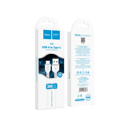 Кабел за данни и зареждане USB-A - USB-C HOCO Flash X20, 18W, 3м, бял