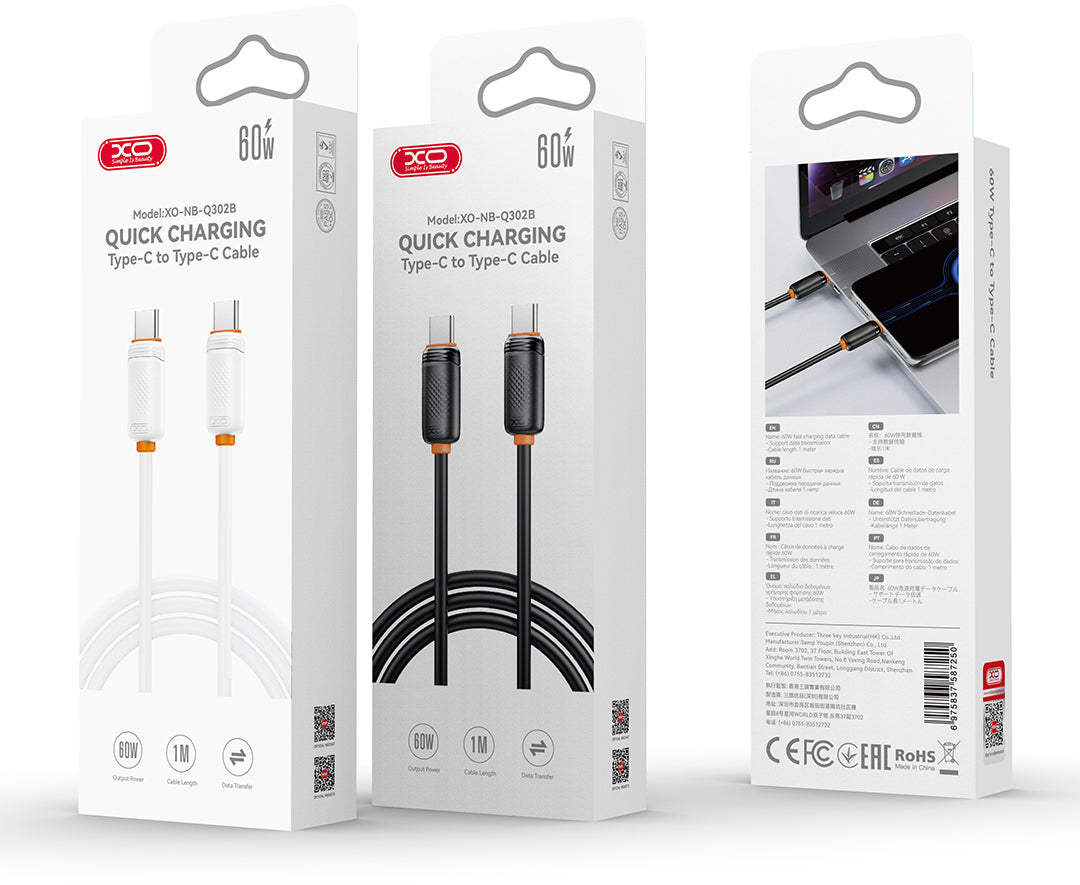 Кабел за данни и зареждане USB-C - USB-C XO Design NB-Q302B, 60W, 1м, бял