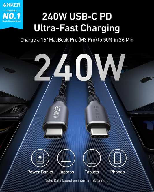 Кабел за данни и зареждане USB-C – USB-C Anker Prime, 240 W, 0,9 м, черен A88E2011
