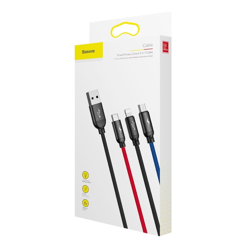 Кабел за зареждане USB-A - Lightning / microUSB / USB-C Baseus Colors 3in1, 20W, 1.2m, Черен CAMLT-BSY01