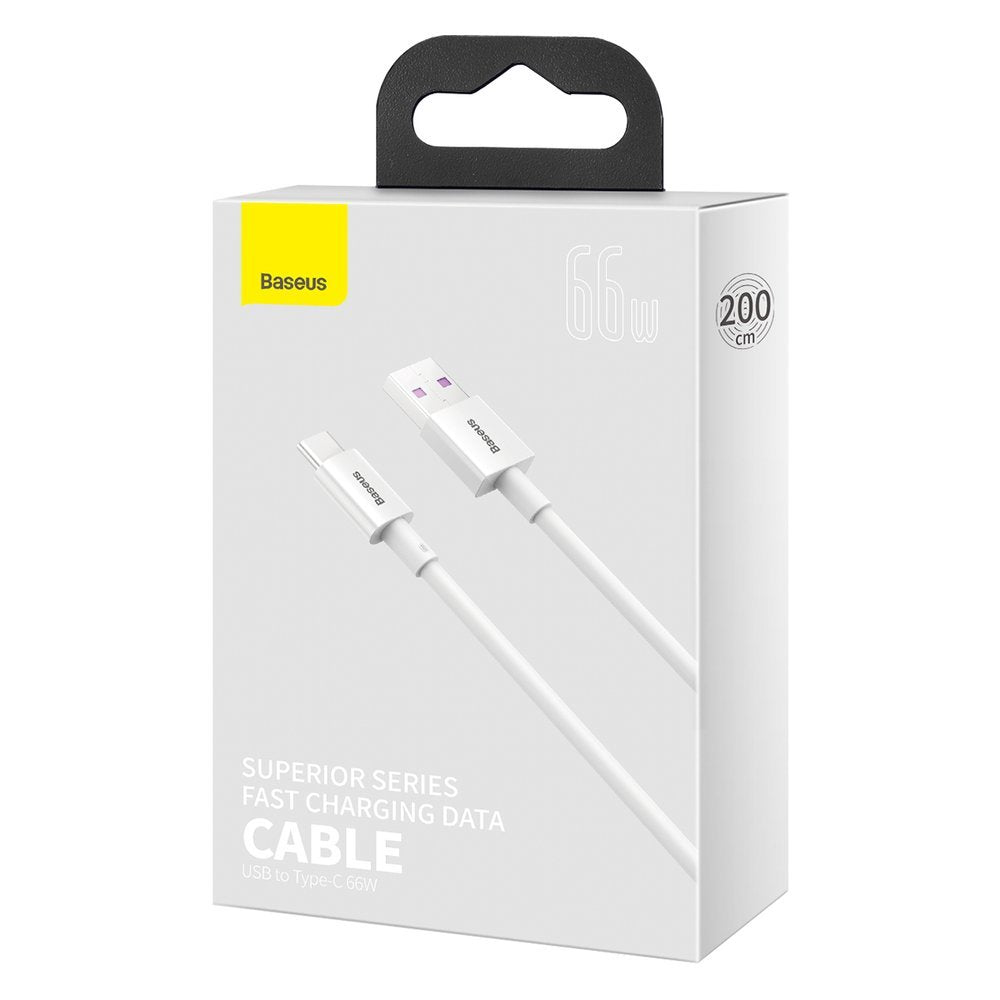 Кабел за данни и зареждане USB-A - USB-C Baseus Superior Series, 66W, 2м, бял CATYS-A02