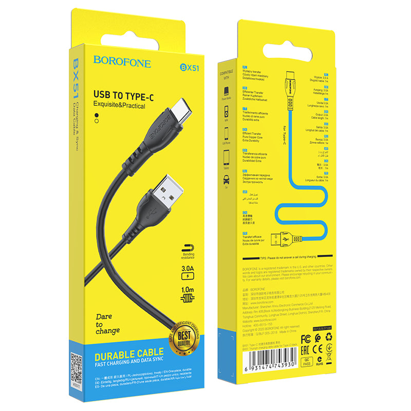 Кабел за данни и зареждане USB-A - USB-C Borofone BX51 Triumph, 20W, 1m, Черен