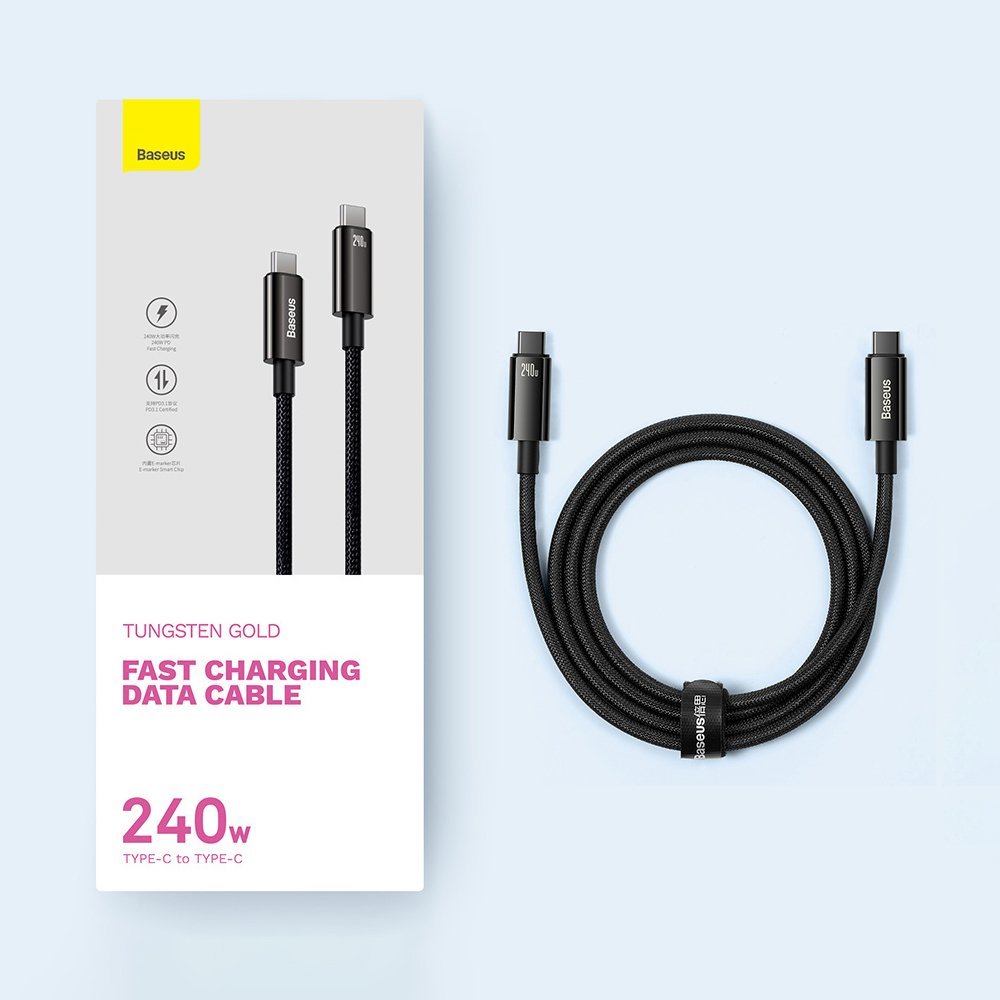 USB-C кабел за данни и зареждане - USB-C Baseus Tungsten Gold, 240W, 2 m, черен CAWJ04010101