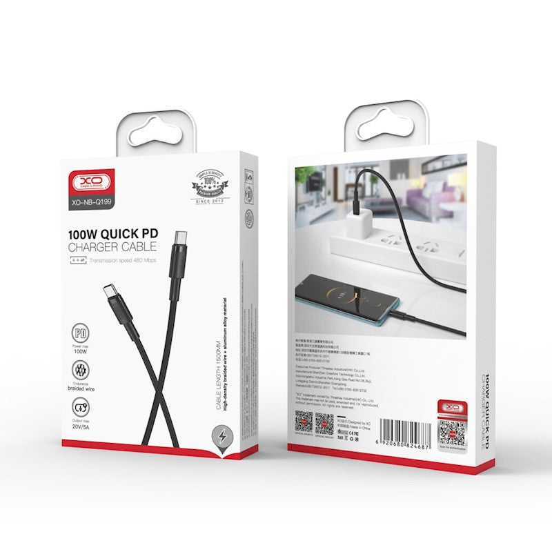 Кабел за данни и зареждане USB-C - USB-C XO Design NB-Q199, 100W, 1.5m, Черен