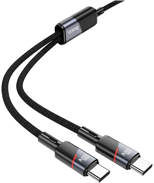 Кабел за данни и зареждане USB-C - 2 x USB-C HOCO U139 2in1, 100W, 1.2m, Черен