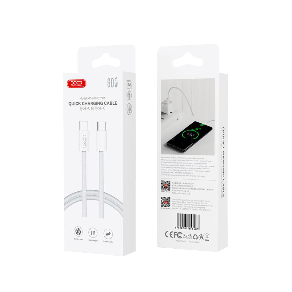 Кабел за данни и зареждане USB-C - USB-C XO Design NB-Q260B, 60W, 1.5m, Бял