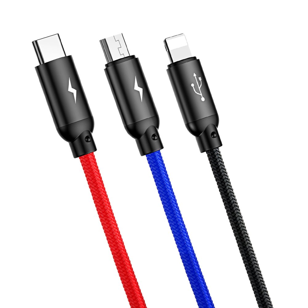 Кабел за зареждане USB-A - Lightning / microUSB / USB-C Baseus Colors 3in1, 20W, 1.2m, Черен CAMLT-BSY01