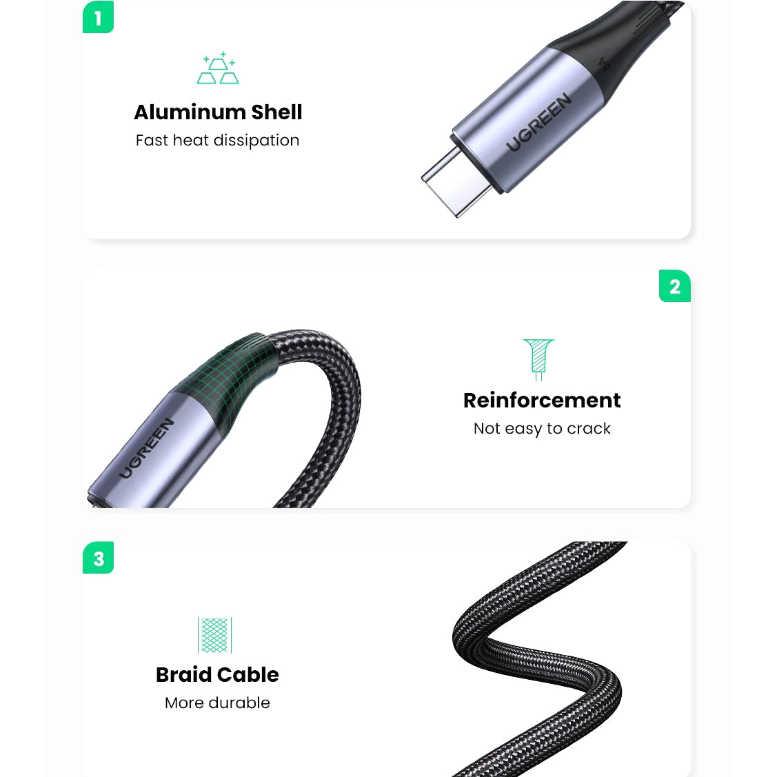USB-C кабел за данни и зареждане - USB-C UGREEN US355, 100W, 1m, черен
