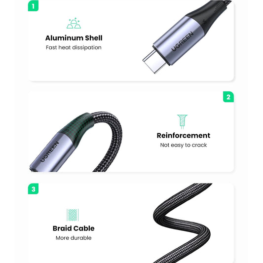 USB-C кабел за данни и зареждане - USB-C UGREEN US355, 100W, 1m, черен