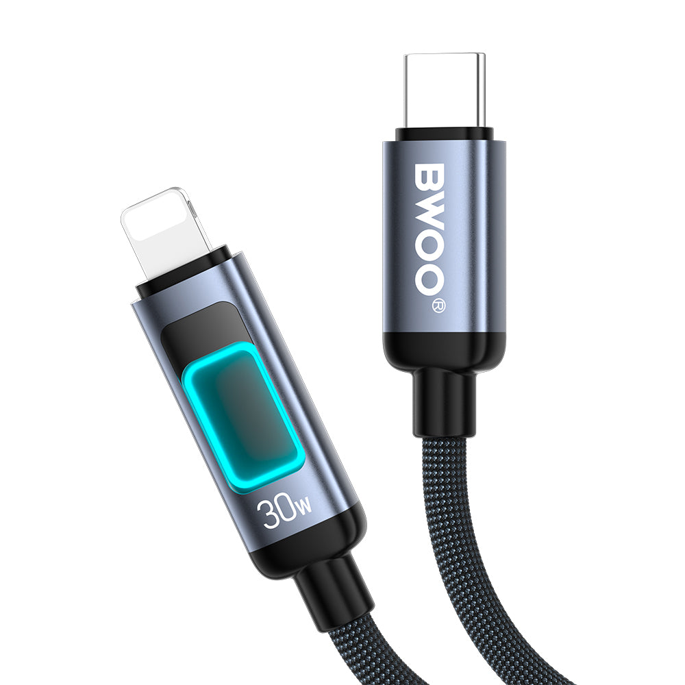 Кабел за данни и зареждане USB-C - Lightning BWOO X324CL Display, 30W, 1м, Черен
