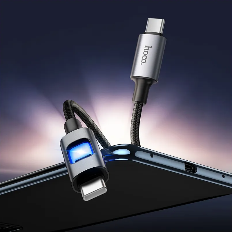 Кабел за данни и зареждане USB-C - USB-C HOCO U144 Led, 60W, 1.2м, Черен