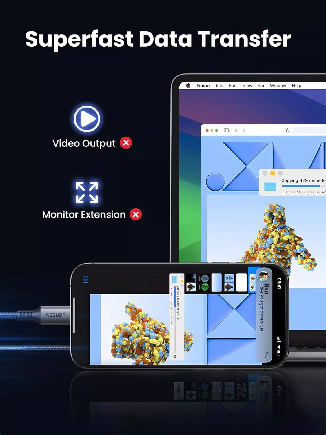 USB-C кабел за данни и зареждане - USB-C UGREEN US567, 60W, 2 м, сив