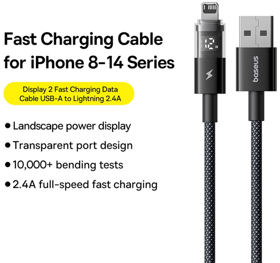Кабел за данни и зареждане USB-A - Lightning Baseus Display 2, 18W, 2m, Черен P10382700121-01