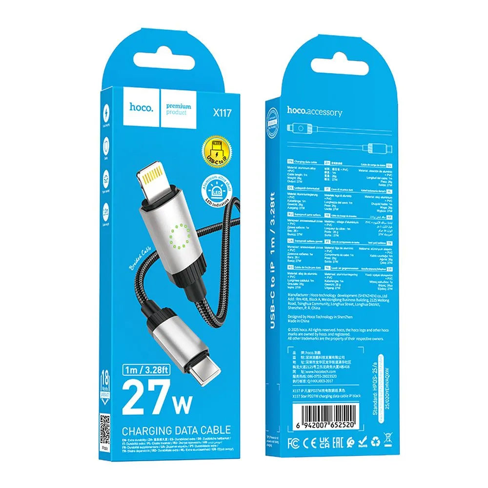 Кабел за данни и зареждане USB-C - Lightning HOCO X117, 27W, 1м, Черен