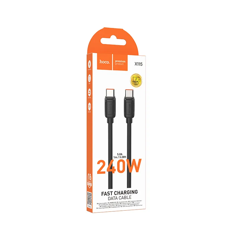 Кабел за данни и зареждане USB-C - USB-C HOCO X115, 240W, 1m, Черен