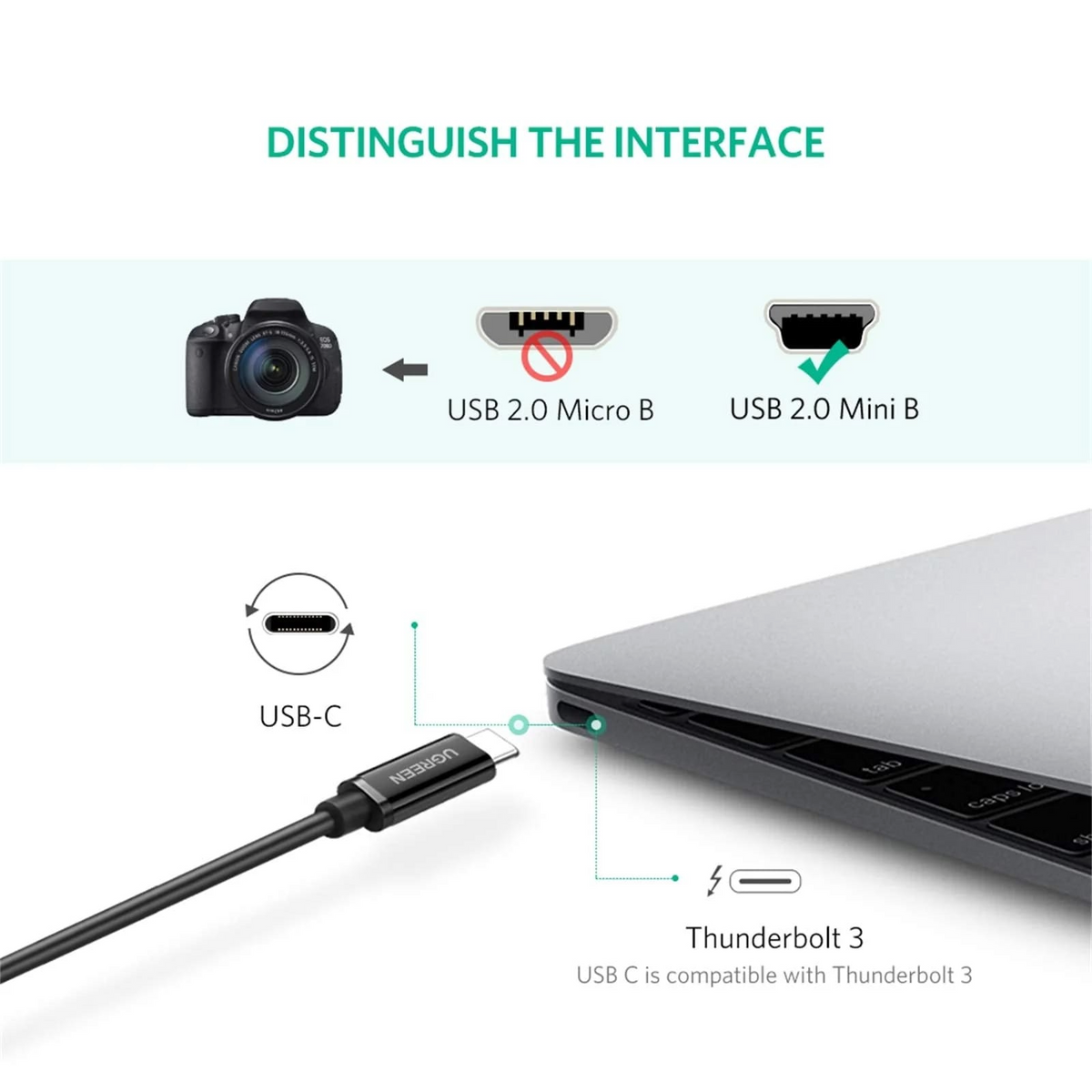 Кабел за данни и зареждане USB-C - miniUSB UGREEN US242, 18W, 1m, Черен