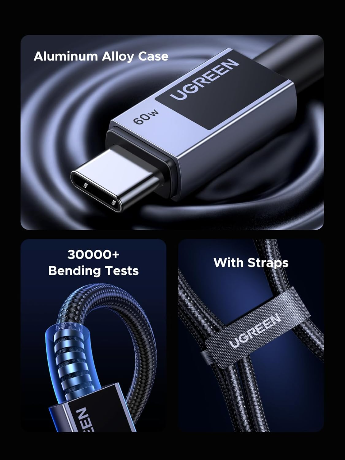 Кабел за данни и зареждане USB-C - USB-C UGREEN L524, 60W, 2m, Сив